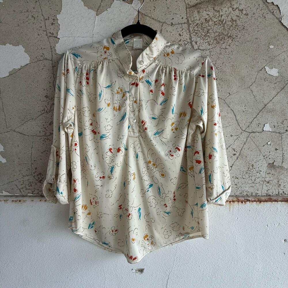 Vintage Cream Floral Print Blouse 70s Style‎ Button Front Poet Sleeve Top Size S
